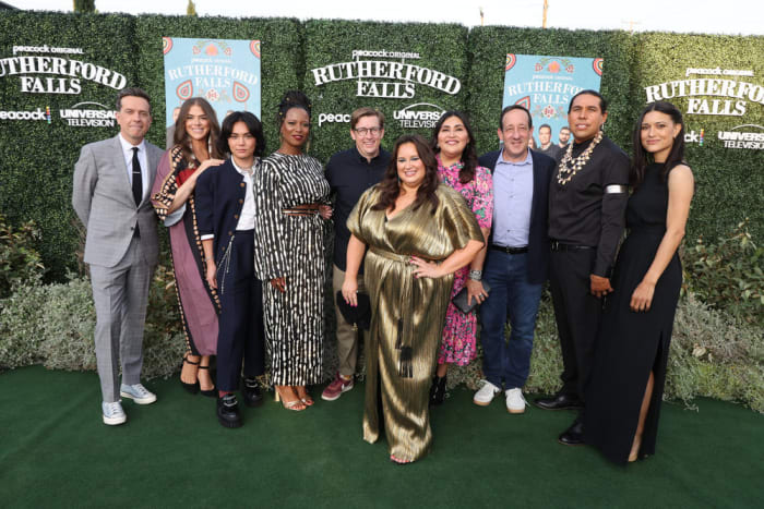 'Rutherford Falls' season two premiere, from left to right: Ed Helms, Kaniehtiio Horn, Jesse Leigh, Dana L. Wilson, Mike Falbo, Jana Schmieding (in B. Yellowtail and styled by Amy Stretten), co-creator Sierra Teller Ornelas , David Miner, Dallas Goldtooth, Julia Jones.