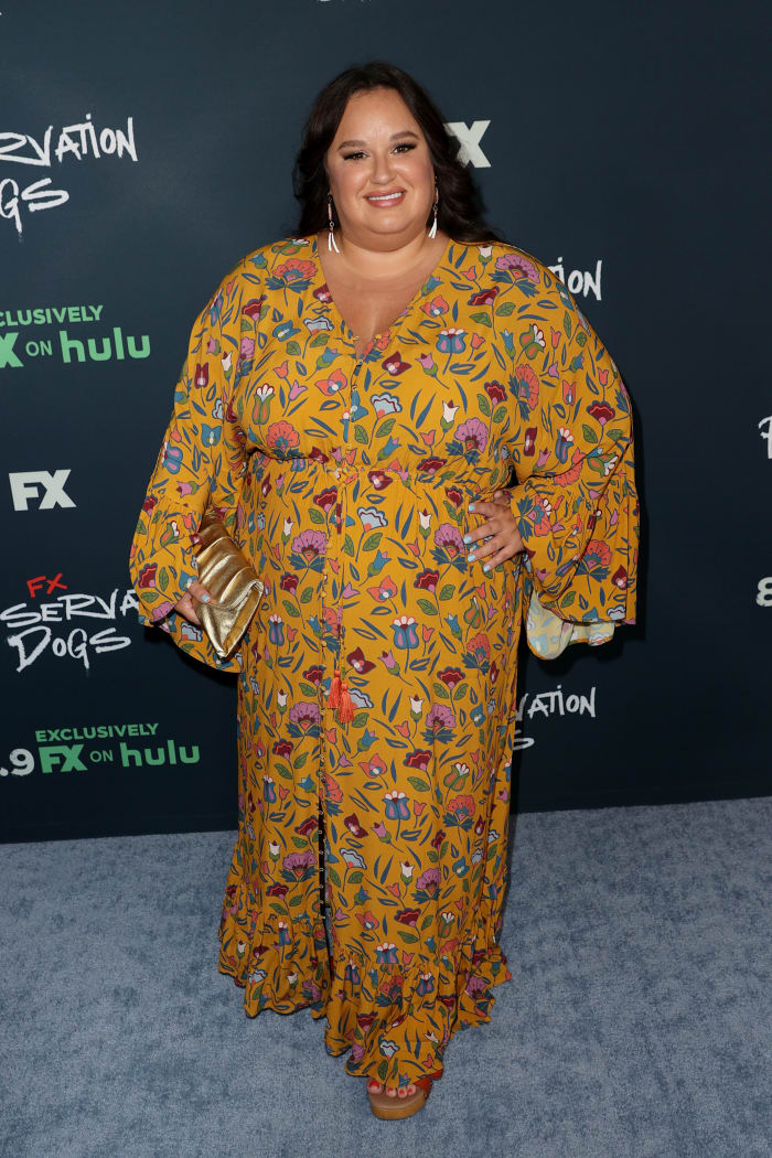 Schmieding at the 2021 premiere of 'Reservation Dogs' wearing a B. Yellowtail dress and Alaynee Goodwill earrings.