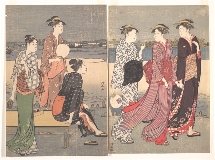 "Enjoying the evening cool on the banks of the Sumida River" by Torii Kiyonaga, ca. 1784, from the Edo period (1615 - 1868). 