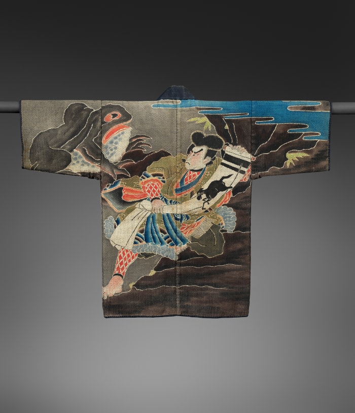 A mid-19th century fireman's jacket (hikeshi-banten) with Shogun Tarō Yoshikado, from the Edo period. 