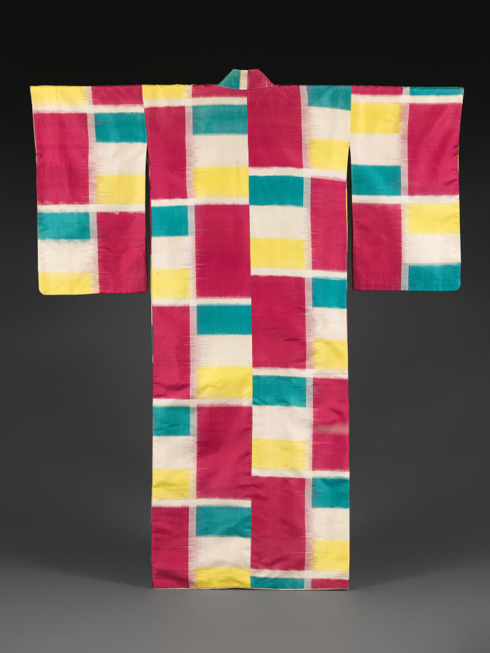 A Meisen kimono with large checkered pattern, ca.  1930, from the Shōwa period (1926 - 1989).