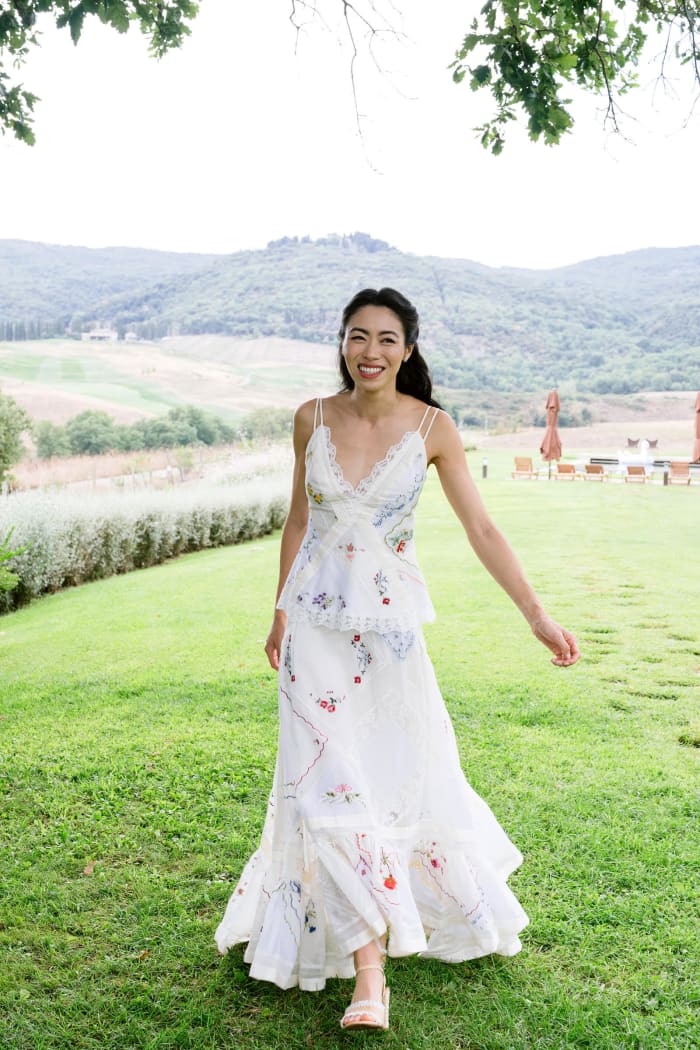 Emily Law, in Tory Burch Spring 2020, at her wedding brunch in Tuscany.