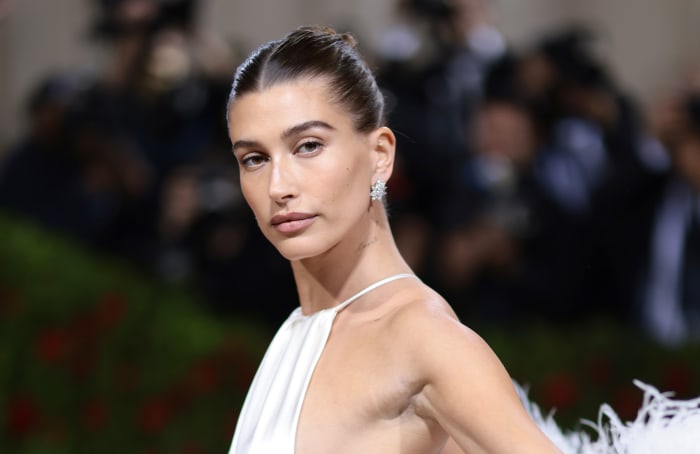 Hailey Bieber attends The 2022 Met Gala Celebrating "In America An Anthology of Fashion" at The Metropolitan Museum of Art on May 02, 2022 in New York City