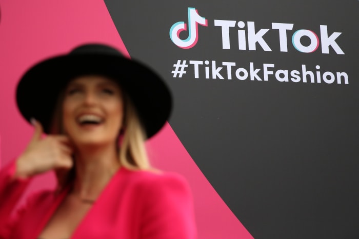 The logo of the short-form video hosting service TikTok is seen at the event "The Future of Fashion" on July 06, 2022 in Berlin, Germany. The theme of the evening was "How Will You Dress 10 Years From Now?"