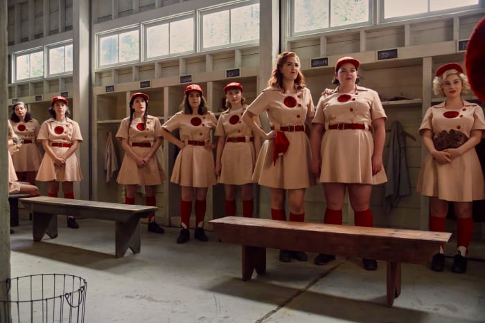 The Rockford Peaches, left to right: Lupe (Roberta Colindrez), Shirley (Kate Berlant), Carson (Jacobson), Greta (Carden), Jo (Melanie Field) and Maybelle (Molly Ephraim).