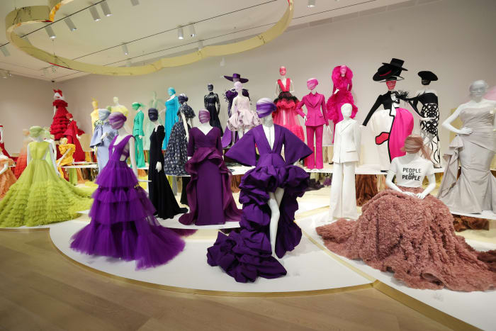 A view of fashion designs at the opening reception for the Christian Siriano "People Are People" exhibition presented by The SCAD Museum Of Art on October 22, 2021 in Savannah, Georgi