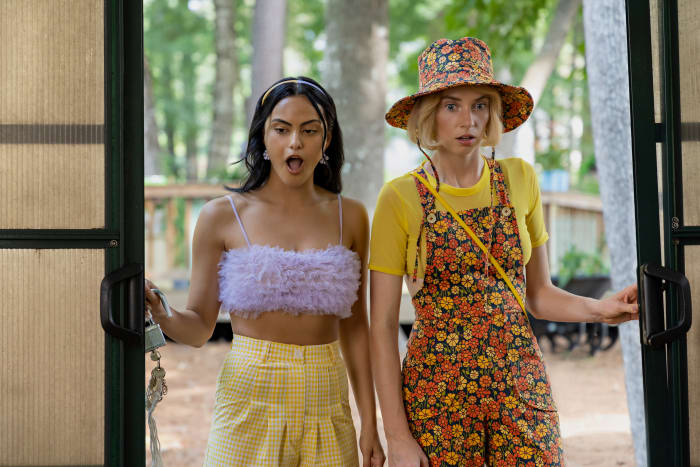 netflix do revenge drea camila mendes eleanor maya hawke floral overalls - The 'Do Revenge' Costumes Take Inspiration From Teen Movie Classics, '90s Supermodels and Harry Styles