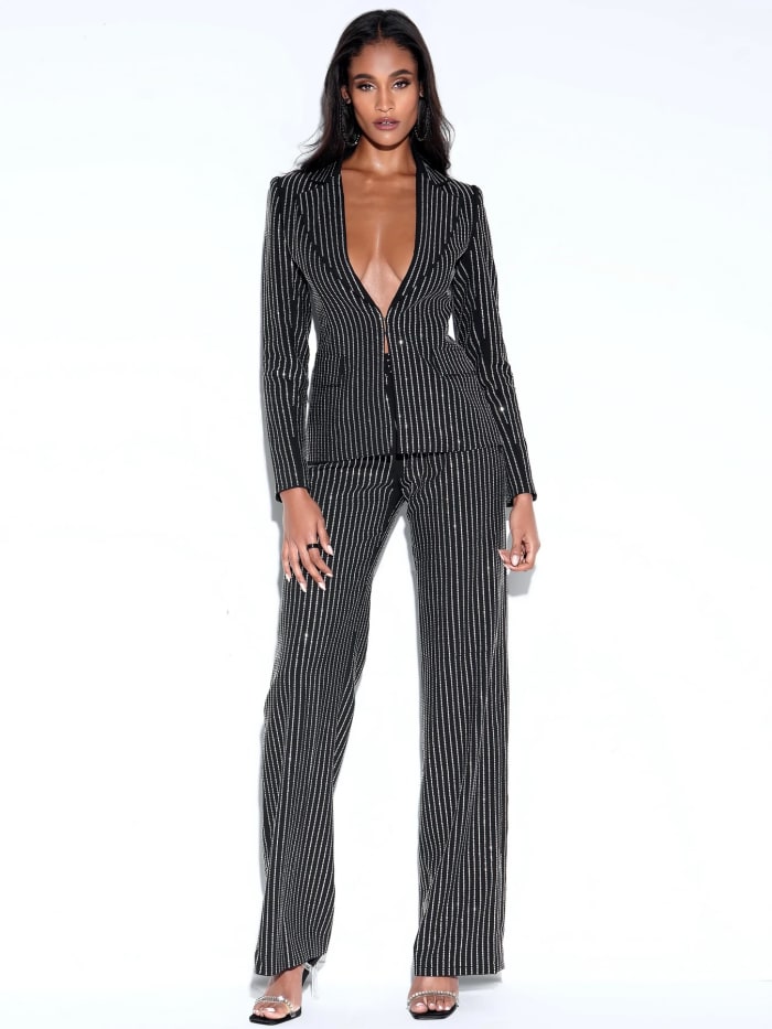 Miss Circle Teagan Black Crystal Blazer Jacket, $169, available here (sizes 2XS-XL). Miss Circle Taelyn Black Crystal Trousers, $135, available here (sizes 2XS-XL).