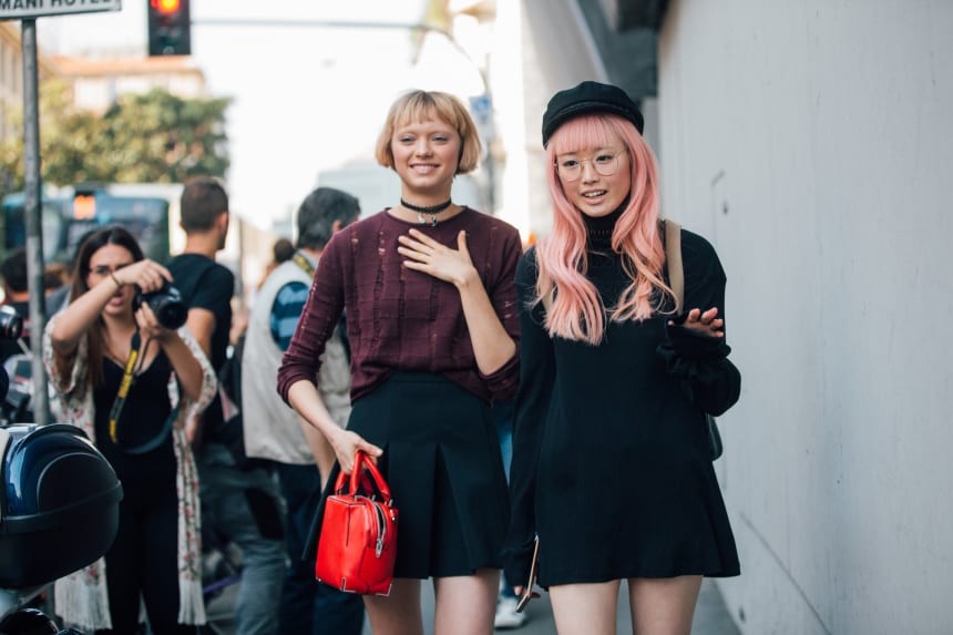 Models Katie Moore and Fernanda Ly after the Ermanno Scervino Spring 2017 show in Milan. Photo: Melodie Jeng/Getty Images