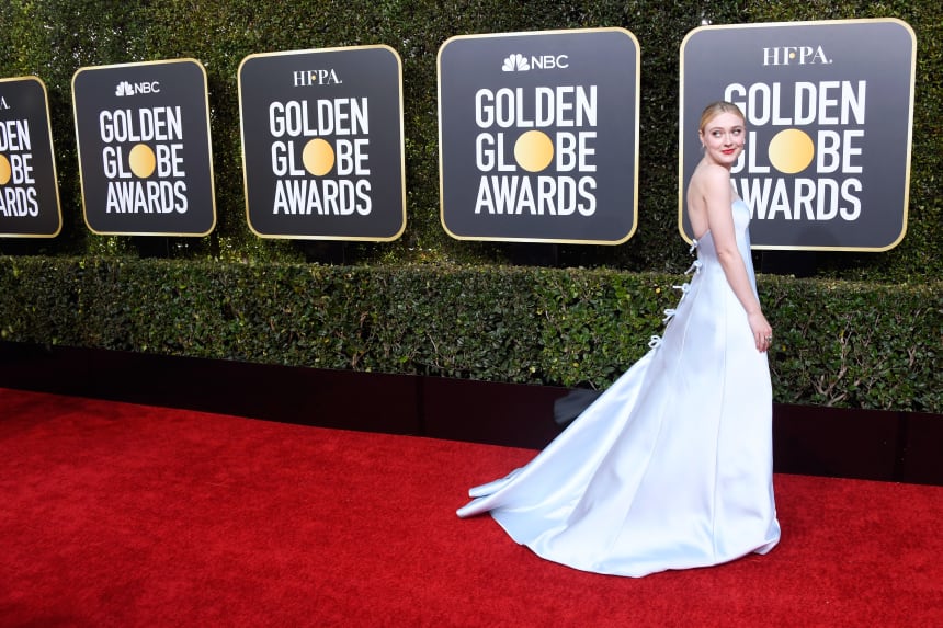 A plethora of bows on Dakota Fanning at the 2019 Golden Globes awards. Photo: Frazer Harrison/Getty Images