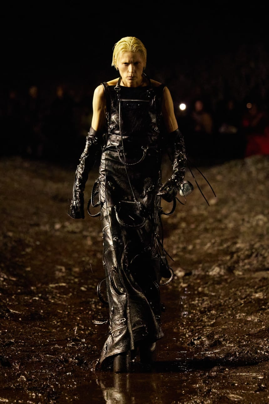 The show's closing look is a garment made of recycled Balenciaga Lariat bags.