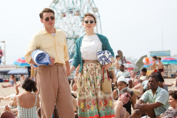Beach fashion circa 1950, as modeled by Tony (Emory Cohen) and Eilis (Saoirse Ronan). Photo: Kerry Brown/Twentieth Century Fox Film Corporation
