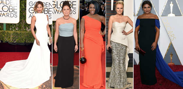 Laverne Cox, Maura Tierney, Uzo Aduba, Malin Akerman and Mindy Kaling in Elizabeth Kennedy on the red carpet. Photo: Getty Images