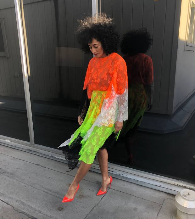 Tracee Ellis Ross in Christopher Kane for an appearance on "The Late Late Show" in Los Angeles on Monday. Photo: @traceeellisross/Instagram