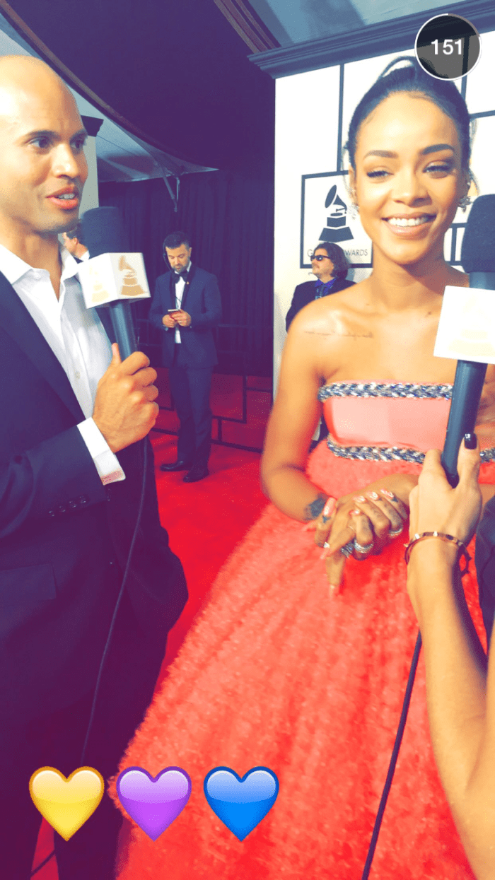 A red carpet snap of Rihanna from the app's Grammy's story on Sunday. Photo: Snapchat/The 57th Grammys