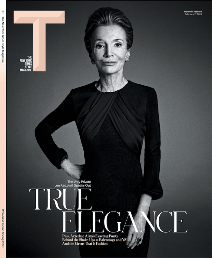 Lee Radziwill on Deborah Needleman’s first issue of T: The New York Times Style Magazine with Li's custom 'T' logo. Photo: The New York Times