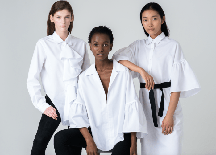 Anka Kuryndina, Herieth Paul and Jisu Hong wear The White Shirt Project 3.0 shirts designed by Tome. Photo: Tome