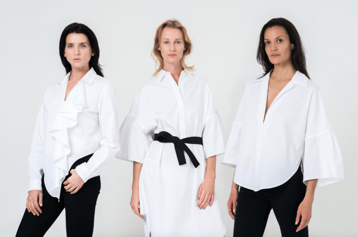 Michele Hicks, Esther de Jong and Claudia Mason wear The White Shirt Project 3.0 shirts designed by Tome. Photo: Tome