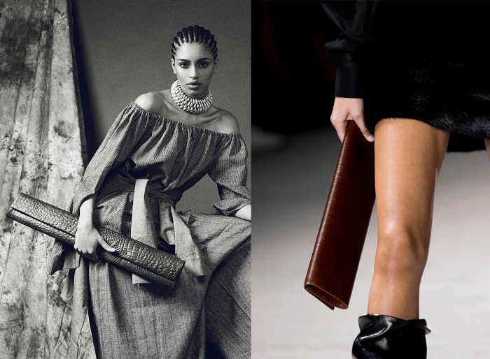 Left: Tongoro's Mburu bag. Photo: @tongorostudio/Instagram; Right: A similar style, seen on the Saint Laurent Fall 2017 runway. Photo: Imaxtree