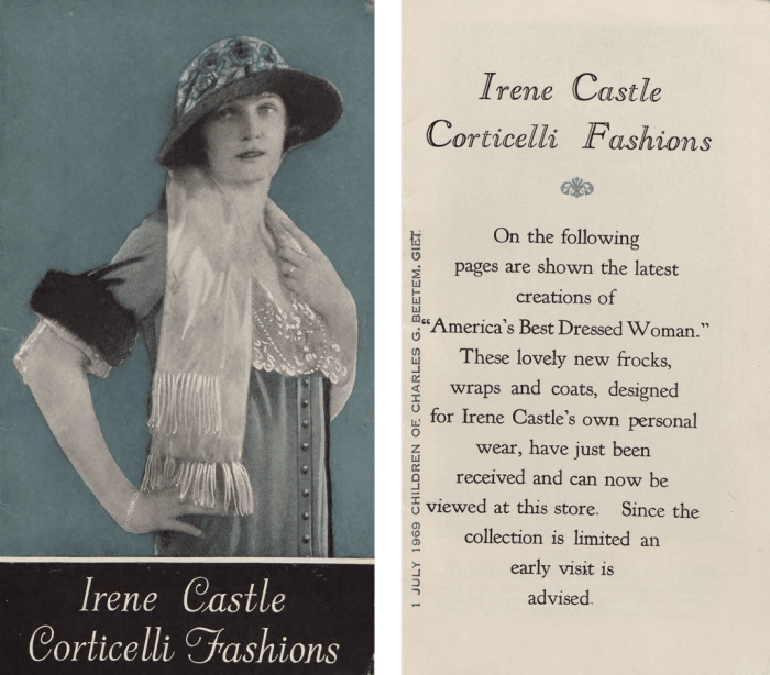 Pamphlet advertising Irene Castle Corticelli Fashions, 1925. Images: Courtesy of Hagley Museum and Library