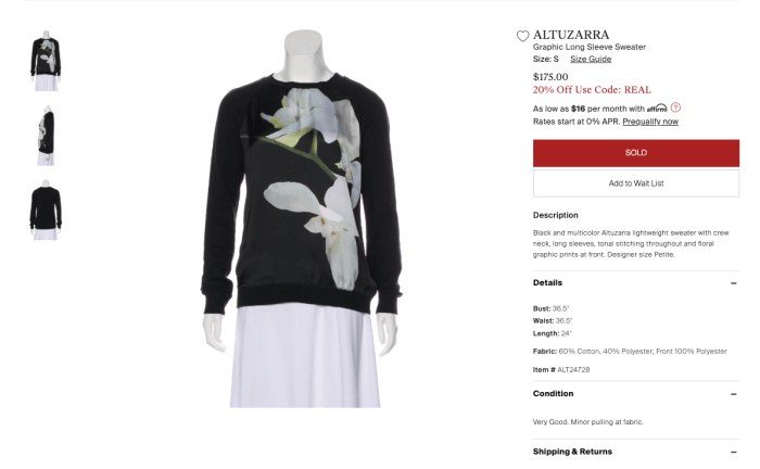 An Altuzarra for Target sweatshirt listed on The RealReal as of June 24, 2019. Photo: Screenshot/Fashionista