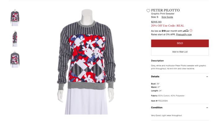 A Peter Pilotto for Target sweatshirt listed on The RealReal as of June 24, 2019. Photo: Screenshot/Fashionista