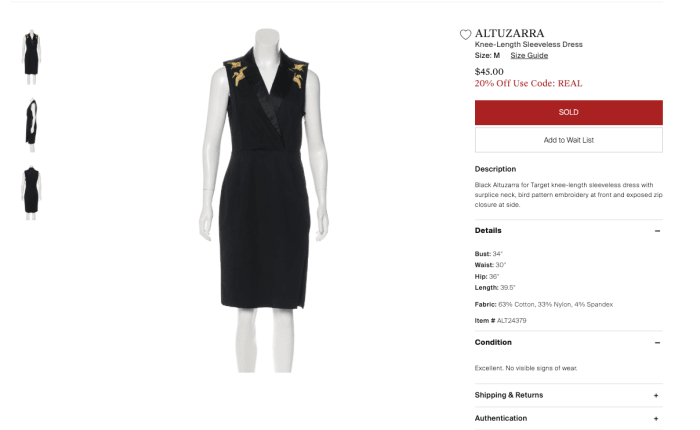 An Altuzarra for Target dress listed on The RealReal as of June 24, 2019. Photo: Screenshot/Fashionista