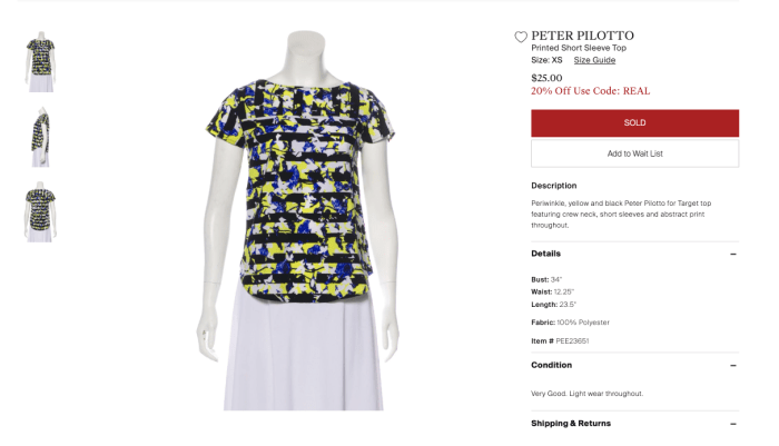 A Peter Pilotto for Target top listed on The RealReal as of June 24, 2019. Photo: Screenshot/Fashionista