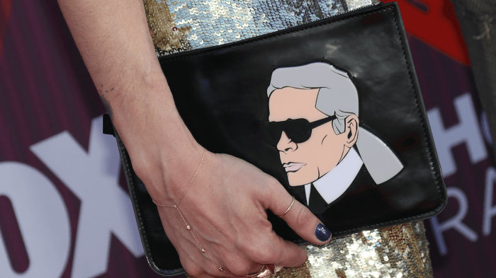Handbag picturing Karl Lagerfeld at the 2019 iHeartRadio Music Awards.