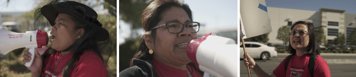 Garment worker leaders Yeni Dewi, Mariebelia Quiroz, and GWC organizer Annie Shaw protesting outside a Ross distribution center in Perris, California in November 2019.