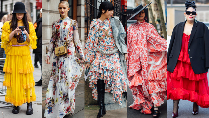On the street at London Fashion Week Fall 2020.