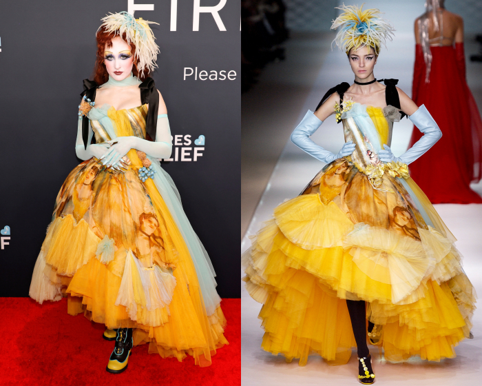 Chappell Roan attends the 2025 Grammy Awards (left). Jean Paul Gaultier Spring 2003 Haute Couture (right).