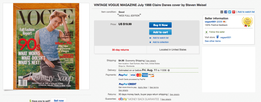An eBay listing for "Vogue"'s July 1998 issue, featuring Claire Danes. Photo: Screenshot