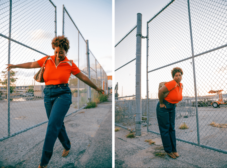 Wales Bonner top via Net-a-Porter, Carhatt jeans, vintage Gucci bag via What Goes Around Comes Around, Bottega Veneta heels.
