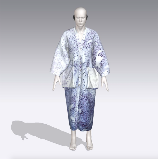 3D rendering of a garment biofabricated using pigment-producing bacteria, by Faber Futures in collaboration with Ginkgo BioWorks. Photo: Atacac.