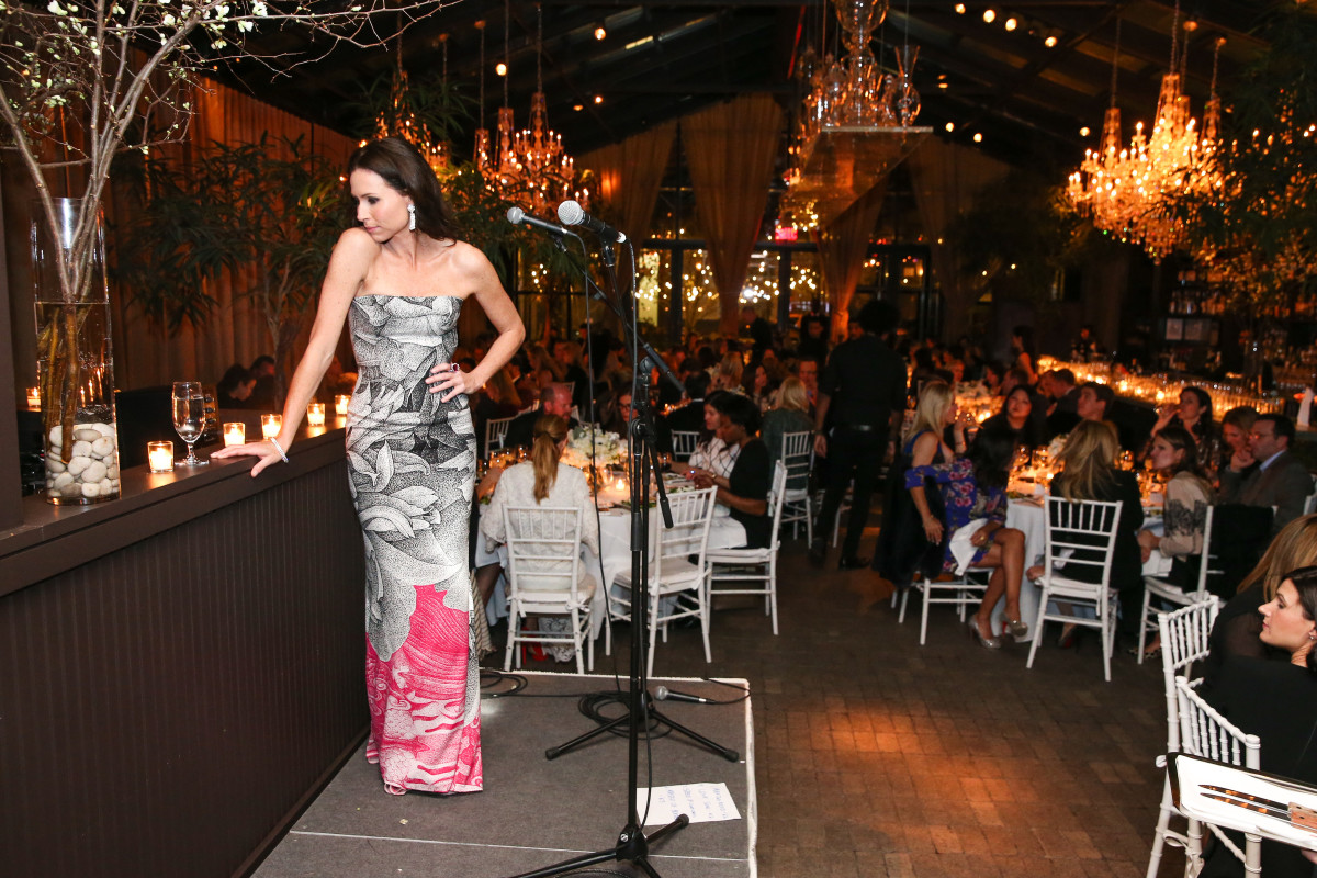 Minnie Driver, wearing a dress from the "Escada Meets Thilo Westermann" collection, prepares to perform at the dinner Tuesday night. Photo: Courtesy of Billy Farrell Agency