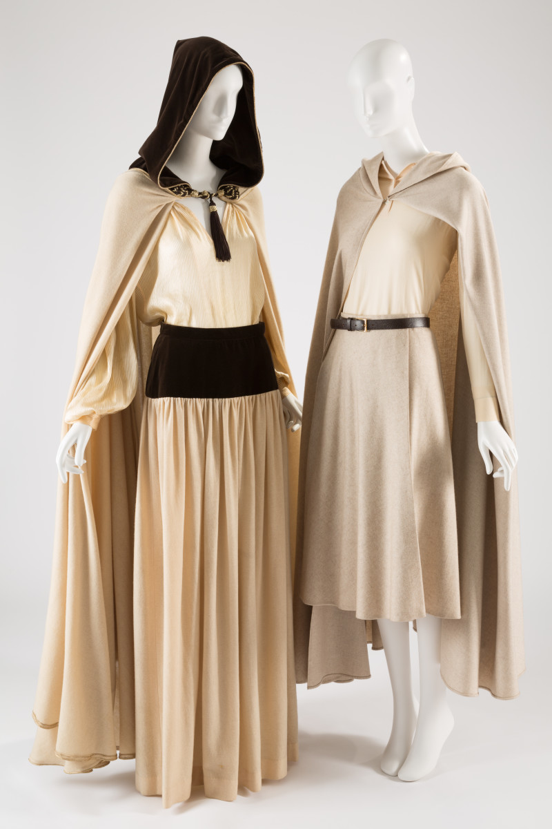 Left: Saint Laurent Rive Gauche ensemble of off-white wool, brown velveteen and off-white nylon, 1976. Right: Halston ensemble of off-white wool, 1970-71. Photo: FIT Museum