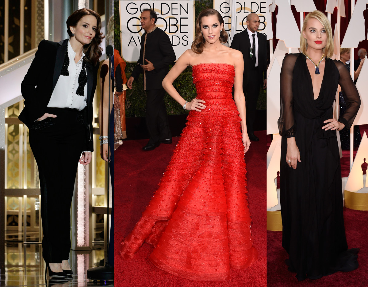 Tina Fey at the Golden Globes in a custom Antonio Berardi suit. Photo: Paul Drinkwater/NBCUniversal via Getty Images; Allison Williams at the Golden Globes in Armani Privé. Photo: Jason Merritt/Getty Images; Margot Robbie at the Academy Awards in Saint Laurent. Photo: Frazer Harrison/Getty Images