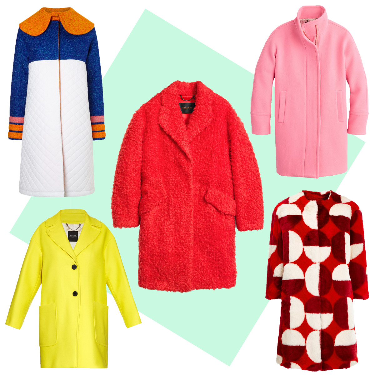TOP LEFT: Anna K quilted collar coat, $580, available at Avenue32; CENTER: Coach fuzzy teddy bear coat, $795, available at Coach; TOP RIGHT: J.Crew stadium-cloth cocoon coat, $350, available at J.Crew; BOTTOM LEFT: Weekend Max Mara Afoso coat, $725, available at Matches Fashion; BOTTOM RIGHT: Ainea red faux fur coat, $585, available at Avenue32.