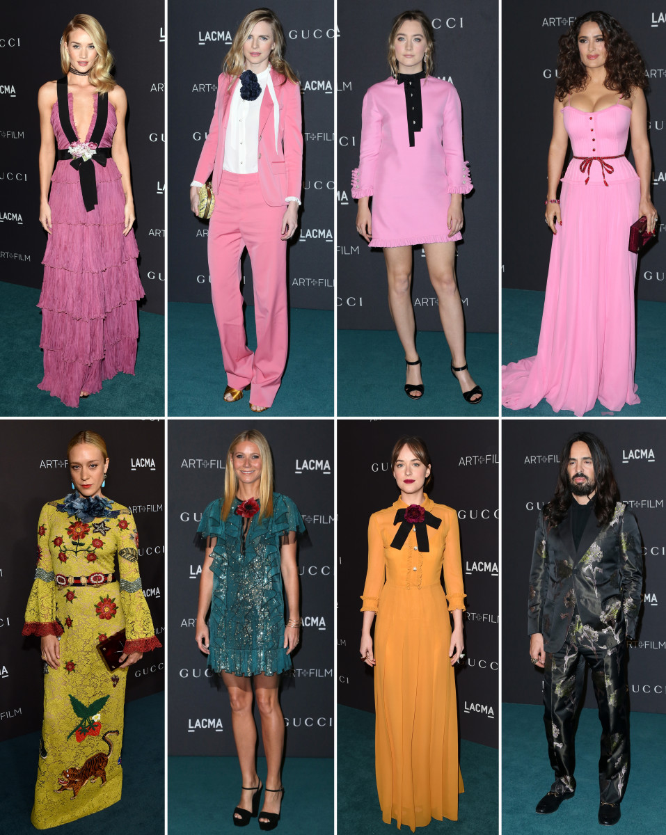 Alessandro Michele and his Gucci women. Top row from left to right: Rosie Huntington-Whiteley, Brit Marling, Saoirse Ronan, Salma Hayek. Bottom row from left to right: Chloë Sevigny, Gwyneth Paltrow, Dakota Johnson, Alessandro Michele. Photos: Getty Images