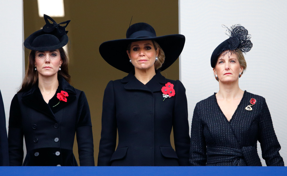 Duchess Catherine of Cambridge, Queen Maxima of the Netherlands and Countess Sophie of Wessex attend the Remembrance Day ceremony at the Cenotaph on Whitehall. Photo: Max Mumby/Indigo/Getty Images