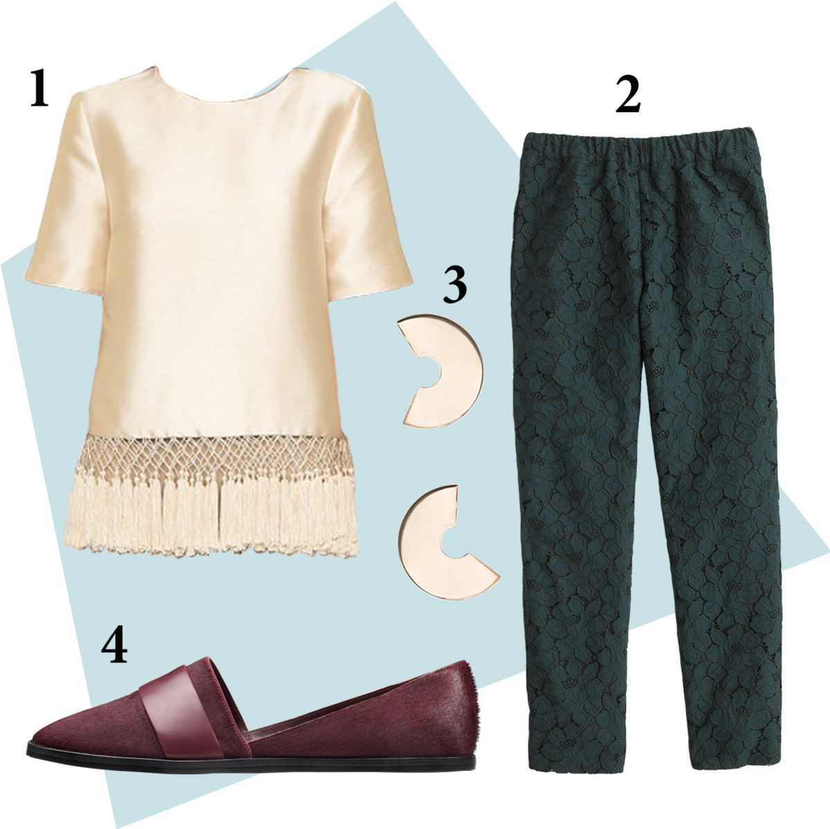 1 — C/Meo Collective top, $231, available at Shopbop and BNKR; 2 — J.Crew floral lace pants, now $99, available at J.Crew; 3— Faris disco hoops, $125, available Need Supply Co; 4 — Vince haircalf flat, $275, available at Vince. 
