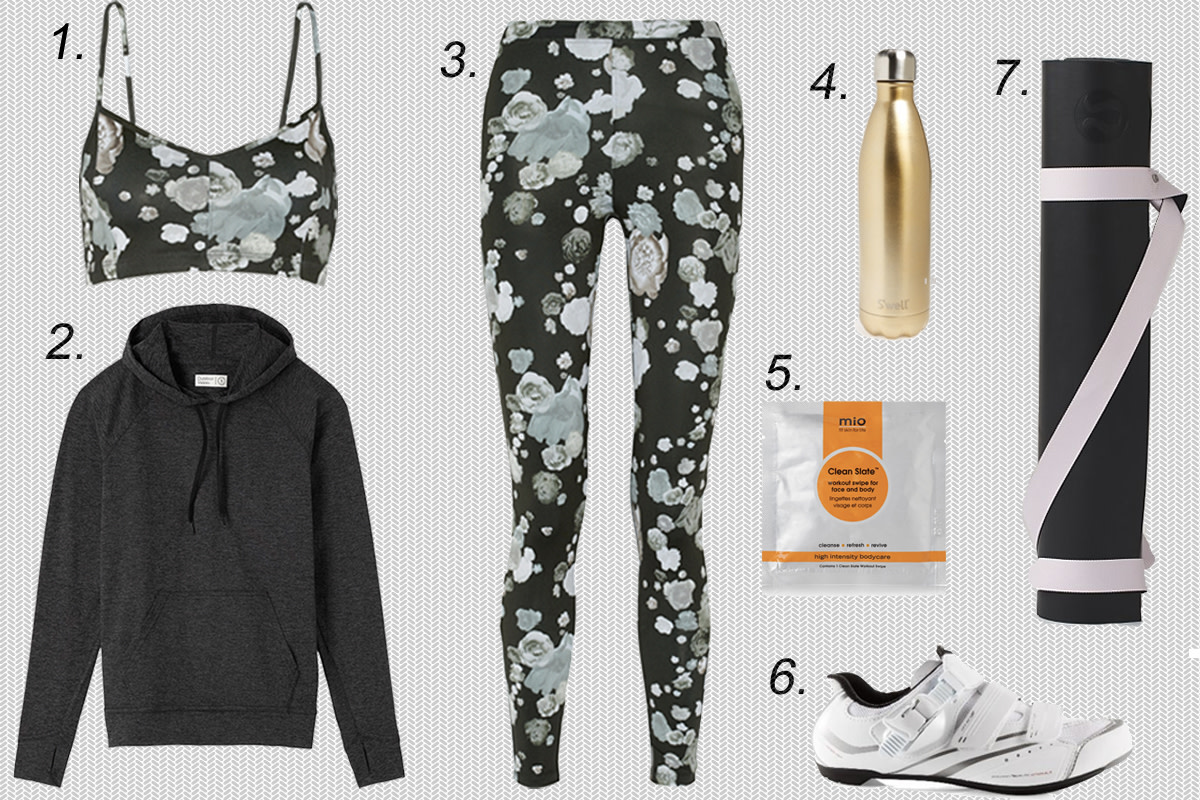 1. Live the Process printed sports bra, $85, available at Net-a-Porter. 2. Outdoor Voices hoodie, $85, available at Outdoor Voices. 3. Live the Process printed leggings, $135, available at Net-a-Porter. 4. S'well stainless steel water bottle, $25, available at Nordstrom. 5. Mio skincare gym kit, $29, available at Mio Skincare. 6. Shimano women's road cycling shoe, $80-$100, available at Amazon. 7. Lululemon mat strap, $18, available at Lululemon.