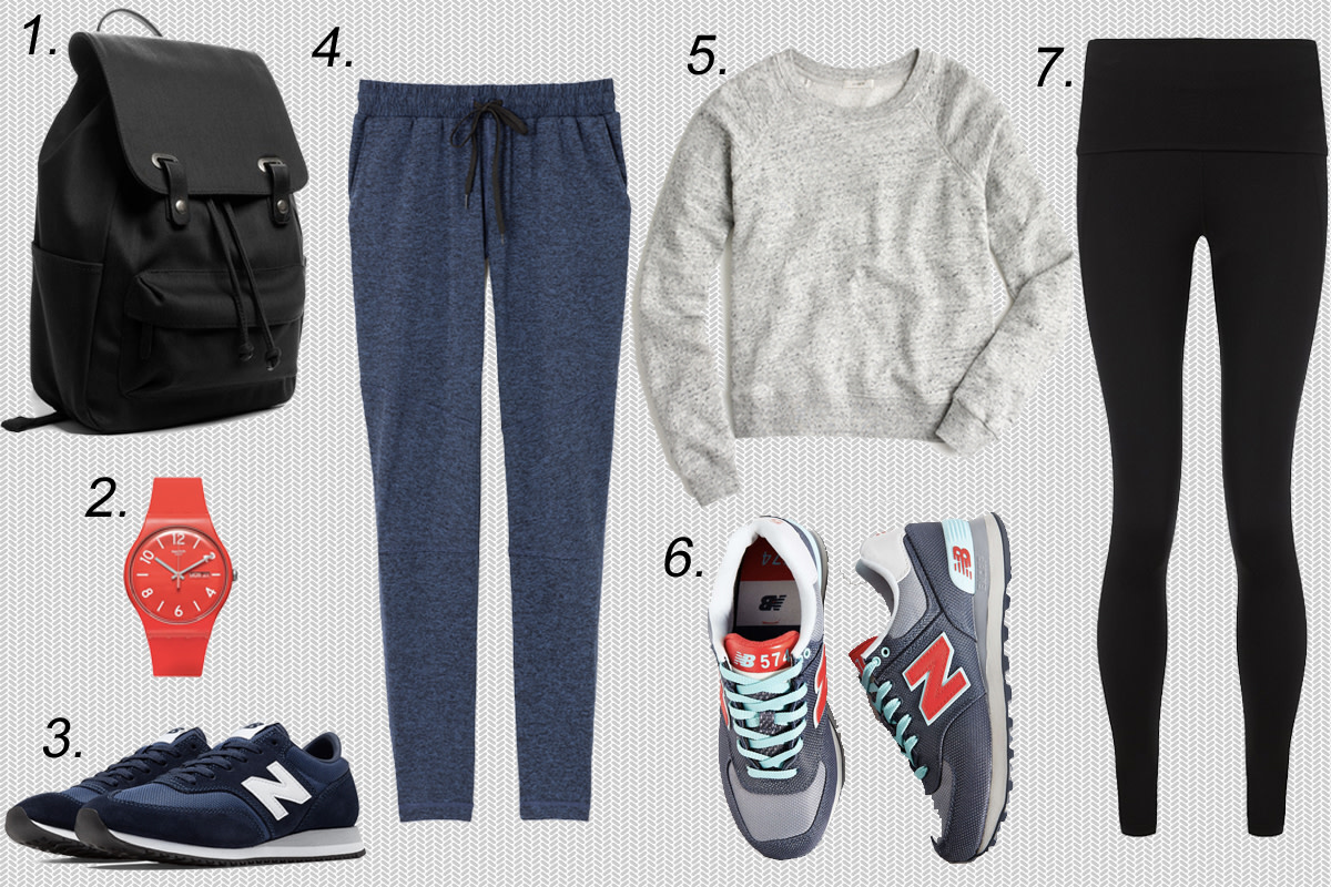 1. Everlane twill snap backpack, $65, available at Everlane. 2. Swatch unisex watch, $70, available at Macy's. 3. New Balance 620s, $75, available at New Balance. 4. Outdoor Voices running woman sweats, $95, available at Outdoor Voices. 5. J.Crew crewneck sweatshirt, $40 (on sale), available at J.Crew. 6. New Balance 574s, $80, available at Urban Outfitters. 7. Sweaty Betty yoga leggings, $130, available at Sweaty Betty.