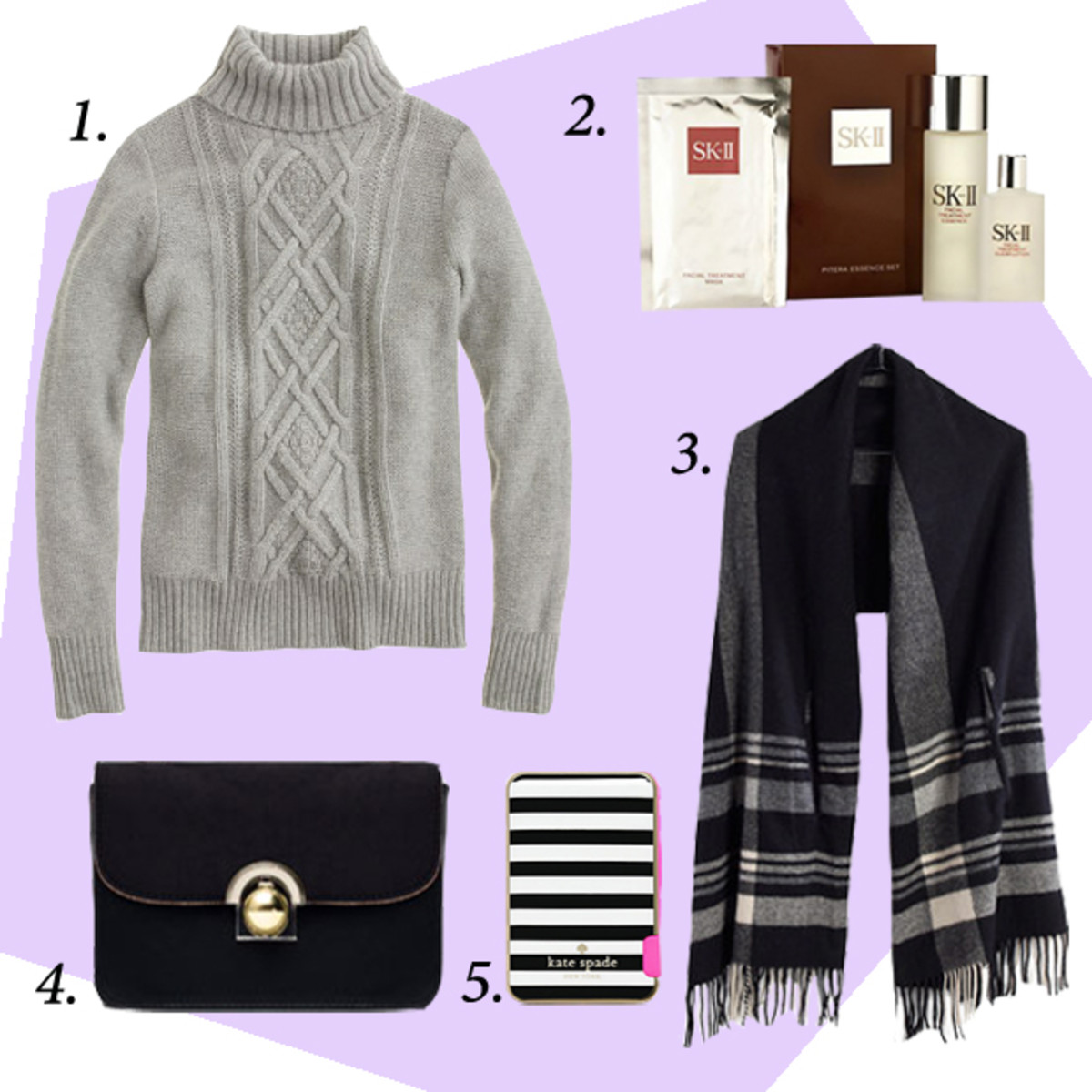 1. J.Crew Cambridge Cable Turtleneck Sweater, $98, available at JCrew.com. 2. SK-II Pitera Essence Set, $99, available at SaksFifthAvenue.com. 3. Madewell Cape Scarf in Huntington Plaid, $79.50, available at Madewell.com. 4. Zara Messenger Bag with Fastening Detail, $49.90, available at Zara.com. 5. Kate Spade New York Micro Stripe Slim Battery Bank, $60, available at KateSpade.com.