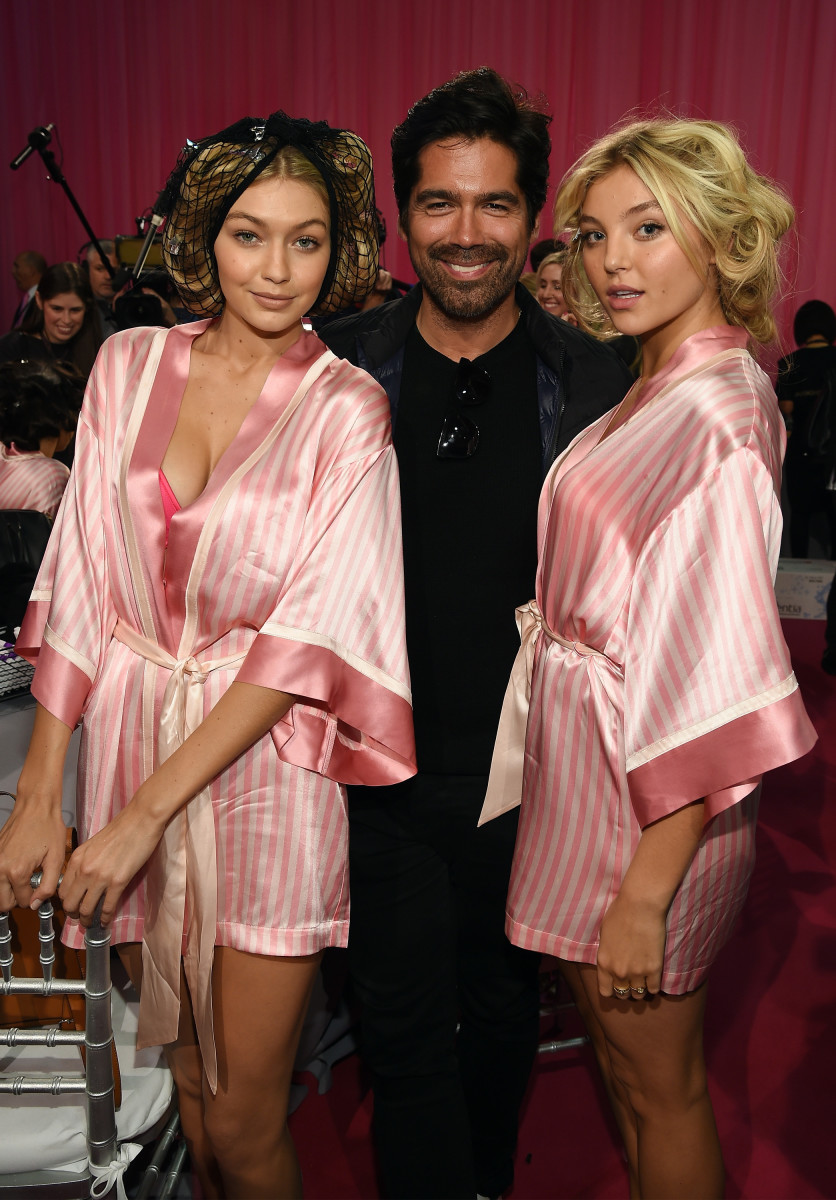 Gigi Hadid and Rachel Hilbert with Brian Atwood backstage before the 2015 Victoria's Secret Fashion Show. Photo: Dimitrios Kambouris/Getty Images