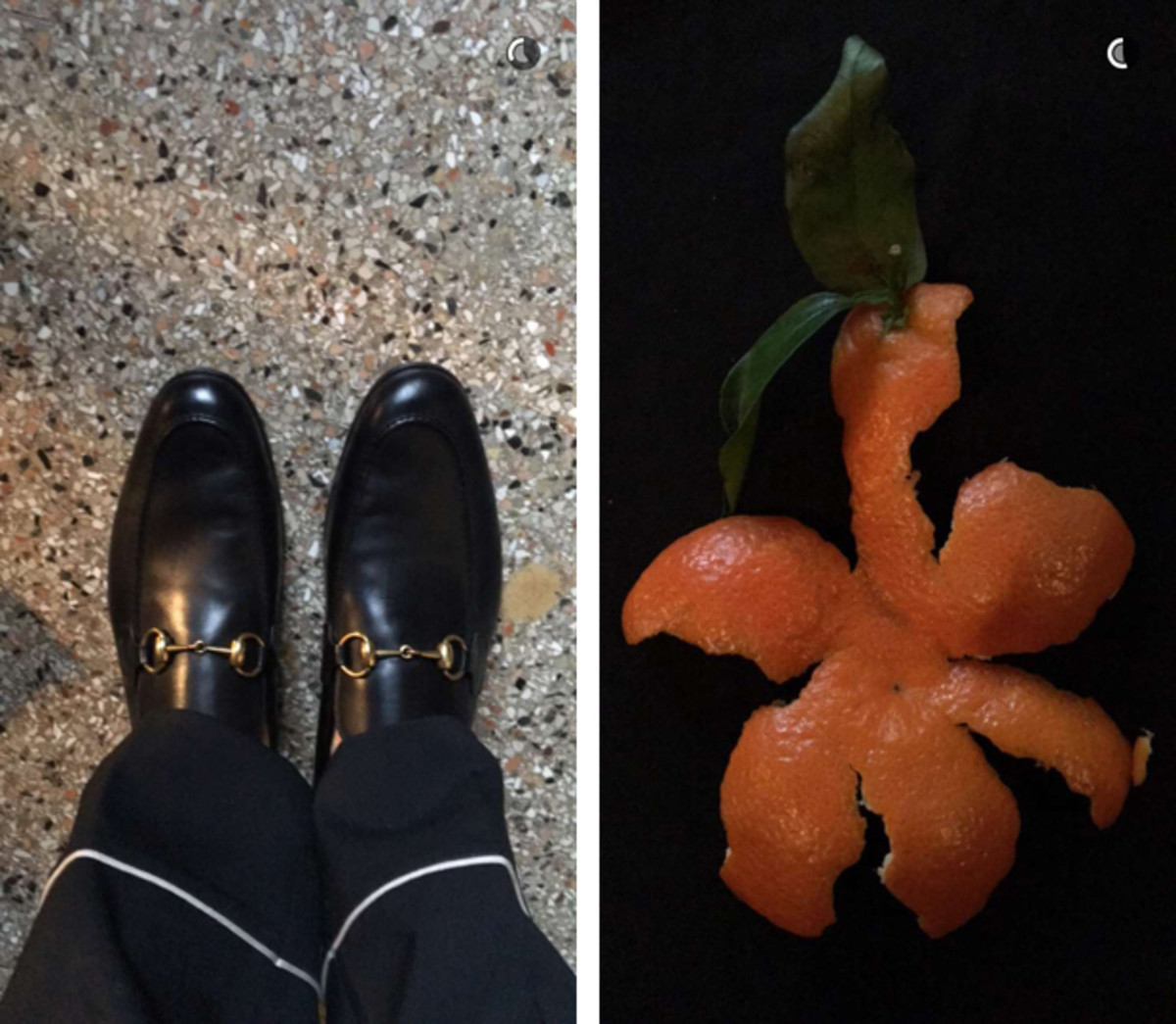 Jared Leto's Gucci loafers and an artistic rendition of eaten fruit. Photo: Snapchat/@gucci