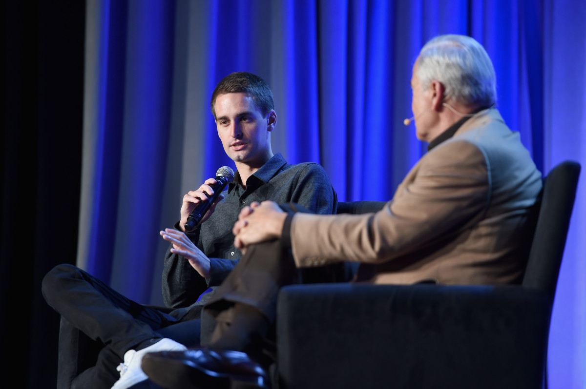 Snapchat CEO and co-founder Evan Spiegel onstage at the American Magazine Media Conference with Ken Auletta of 'The New Yorker.' Photo: Larry Busacca/Getty Images for Time Inc