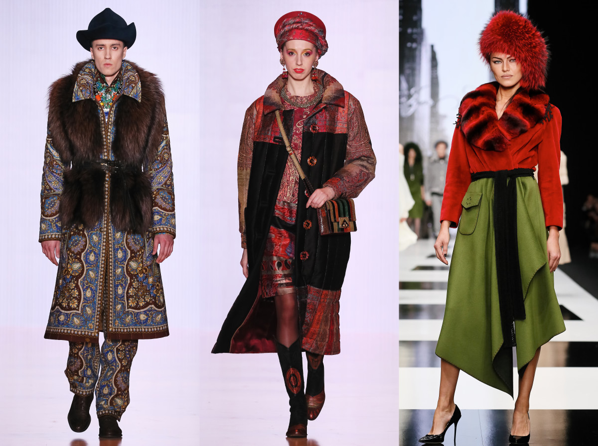 Looks from Slava Zaitzev (left and center) and Igor Gulyaev (right) use traditional fabrications and silhouettes. Photos: Mercedes Benz Fashion Week Russia