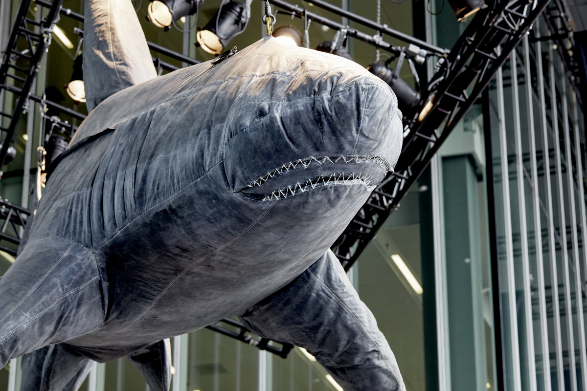 A denim shark suspended from the ceiling. Photo: G-Star Raw